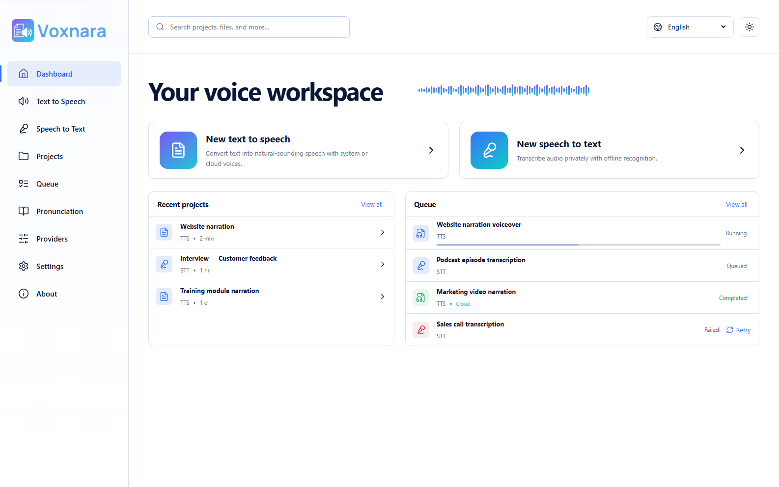 Voxnara dashboard with recent projects and queued jobs