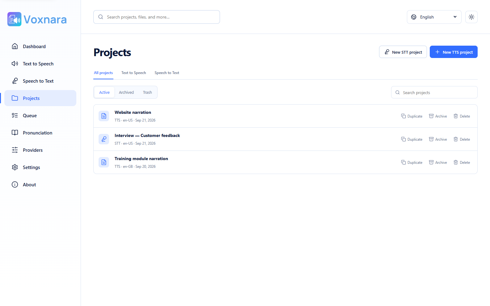 Voxnara Projects page with Text to Speech and Speech to Text tabs
