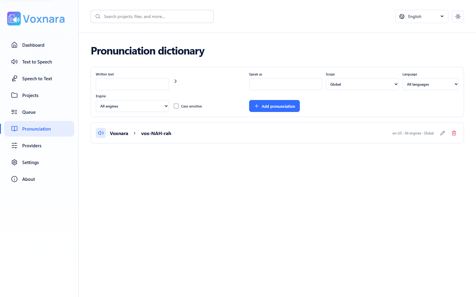 Voxnara Pronunciation dictionary with reusable speech rules