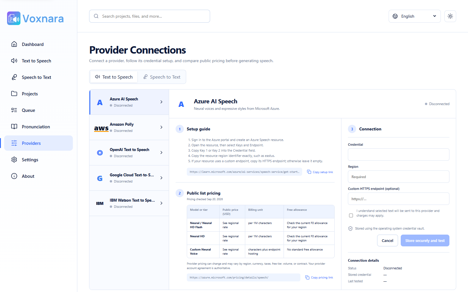 Voxnara Provider connections page with setup and pricing guidance