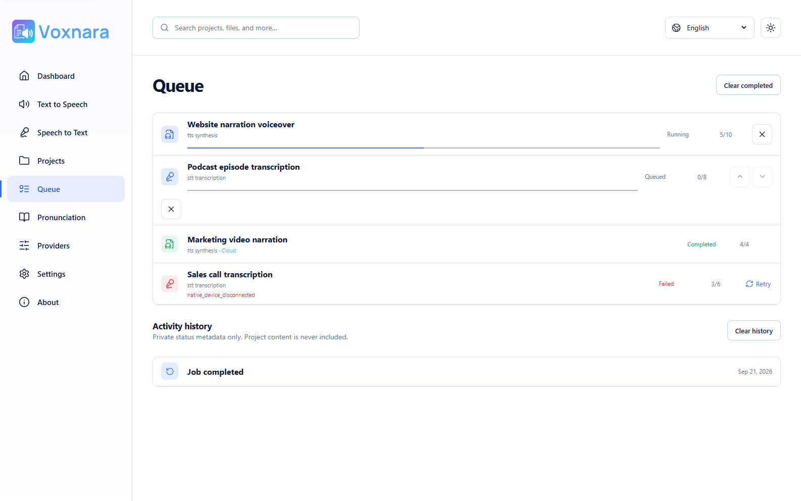 Voxnara Queue page showing processing jobs and history