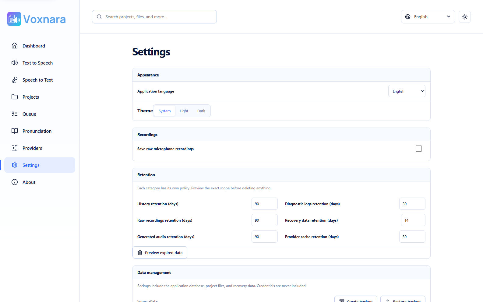 Voxnara Settings page for language, theme, recording, retention, and data controls