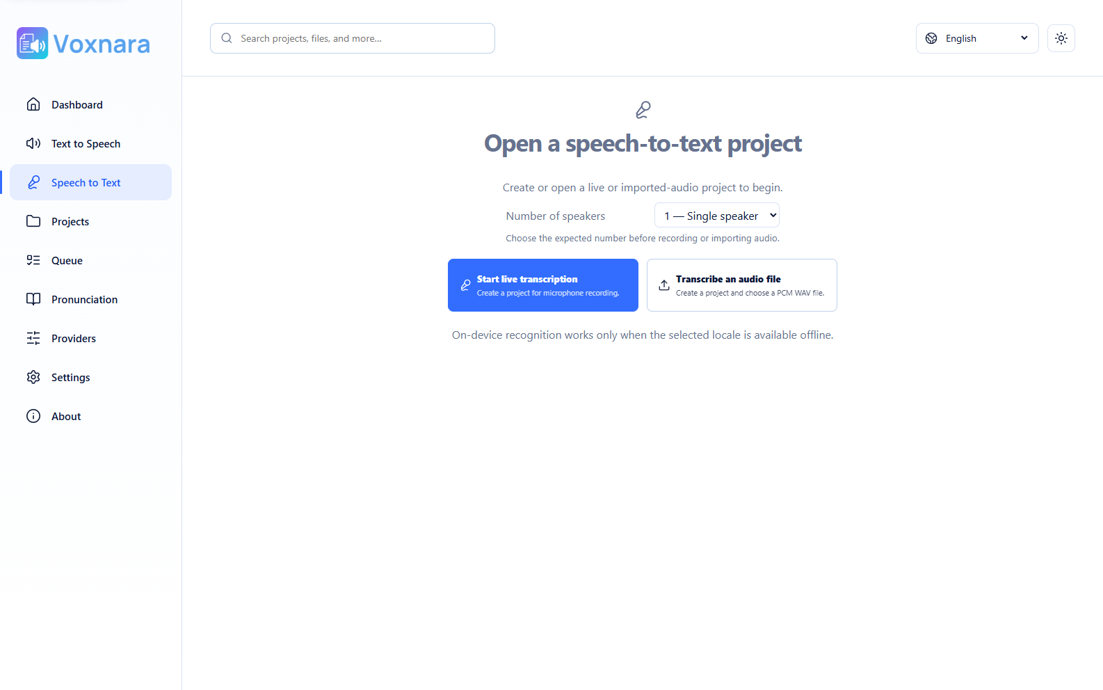 Voxnara Speech to Text workspace for live and imported audio
