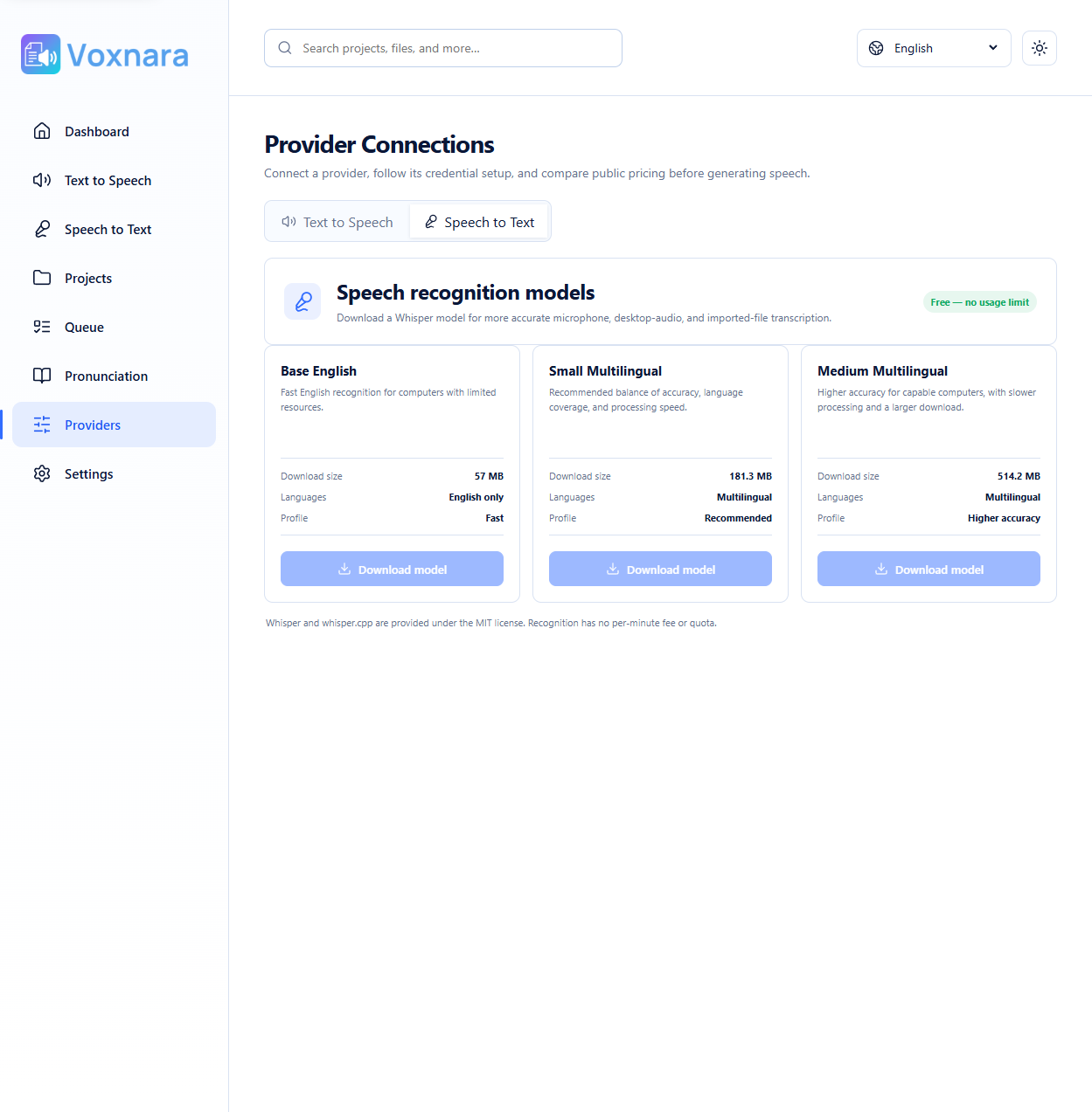 Voxnara local speech recognition model manager