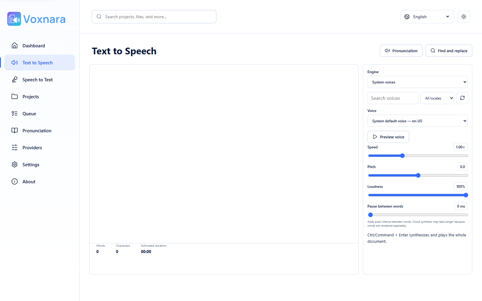 Voxnara Text to Speech workspace with document canvas and voice controls