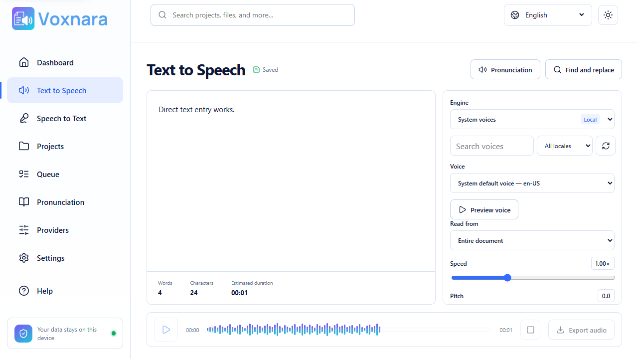 Voxnara text-to-speech workspace